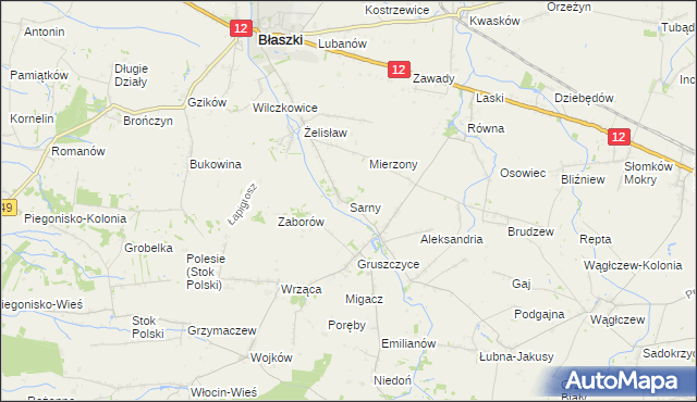mapa Sarny gmina Błaszki, Sarny gmina Błaszki na mapie Targeo