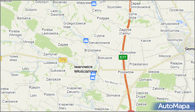mapa Biskupice gmina Iwanowice, Biskupice gmina Iwanowice na mapie Targeo