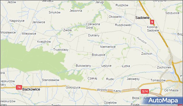 mapa Biskupice gmina Sadowie, Biskupice gmina Sadowie na mapie Targeo