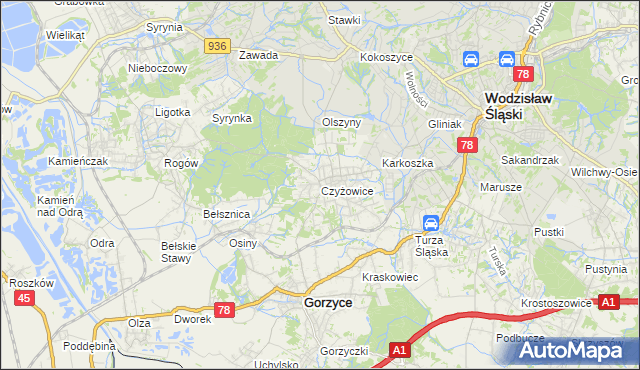 mapa Czyżowice gmina Gorzyce, Czyżowice gmina Gorzyce na mapie Targeo