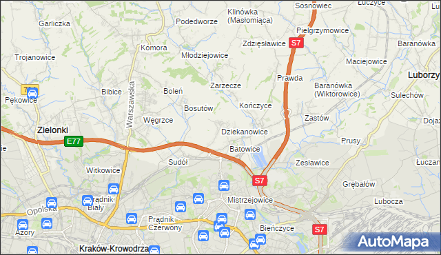 mapa Dziekanowice gmina Zielonki, Dziekanowice gmina Zielonki na mapie Targeo