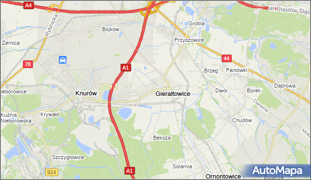 mapa Gierałtowice powiat gliwicki, Gierałtowice powiat gliwicki na mapie Targeo