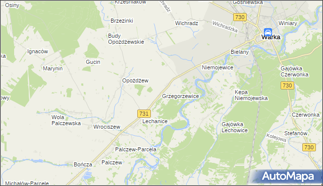 mapa Grzegorzewice gmina Warka, Grzegorzewice gmina Warka na mapie Targeo