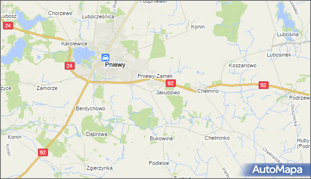 mapa Jakubowo gmina Pniewy, Jakubowo gmina Pniewy na mapie Targeo