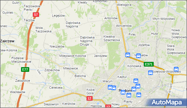mapa Janiszew gmina Zakrzew, Janiszew gmina Zakrzew na mapie Targeo