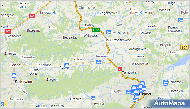 mapa Jawornik gmina Myślenice, Jawornik gmina Myślenice na mapie Targeo