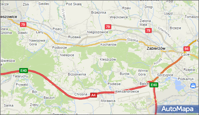 mapa Kleszczów gmina Zabierzów, Kleszczów gmina Zabierzów na mapie Targeo