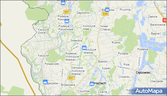 mapa Kończyce Wielkie, Kończyce Wielkie na mapie Targeo