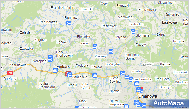 mapa Koszary gmina Limanowa, Koszary gmina Limanowa na mapie Targeo