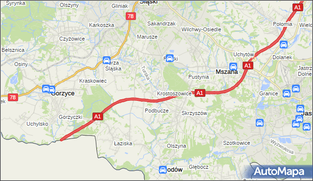 mapa Krostoszowice, Krostoszowice na mapie Targeo