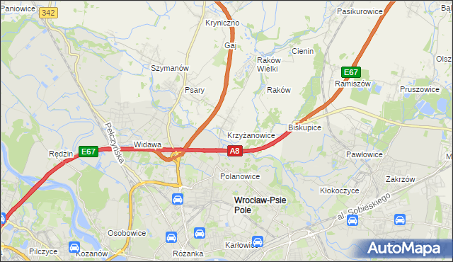 mapa Krzyżanowice gmina Wisznia Mała, Krzyżanowice gmina Wisznia Mała na mapie Targeo
