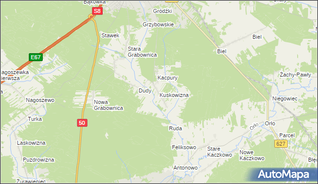 mapa Kuskowizna gmina Ostrów Mazowiecka, Kuskowizna gmina Ostrów Mazowiecka na mapie Targeo