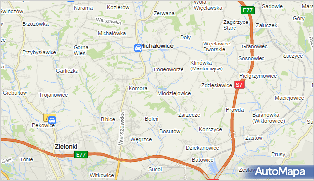 mapa Młodziejowice gmina Michałowice, Młodziejowice gmina Michałowice na mapie Targeo