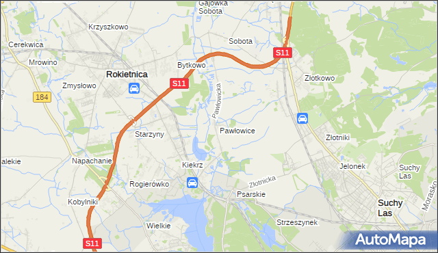 mapa Pawłowice gmina Rokietnica, Pawłowice gmina Rokietnica na mapie Targeo