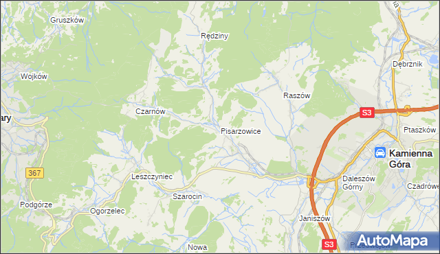 mapa Pisarzowice gmina Kamienna Góra, Pisarzowice gmina Kamienna Góra na mapie Targeo