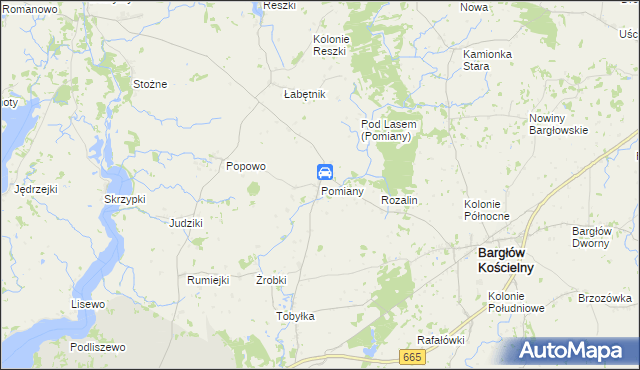 mapa Pomiany gmina Bargłów Kościelny, Pomiany gmina Bargłów Kościelny na mapie Targeo
