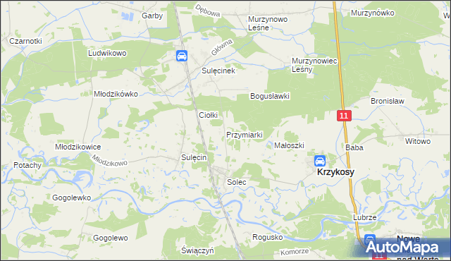 mapa Przymiarki gmina Krzykosy, Przymiarki gmina Krzykosy na mapie Targeo