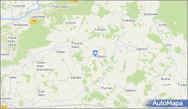 mapa Rozwory gmina Rzekuń, Rozwory gmina Rzekuń na mapie Targeo