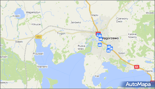 mapa Ruska Wieś gmina Węgorzewo, Ruska Wieś gmina Węgorzewo na mapie Targeo