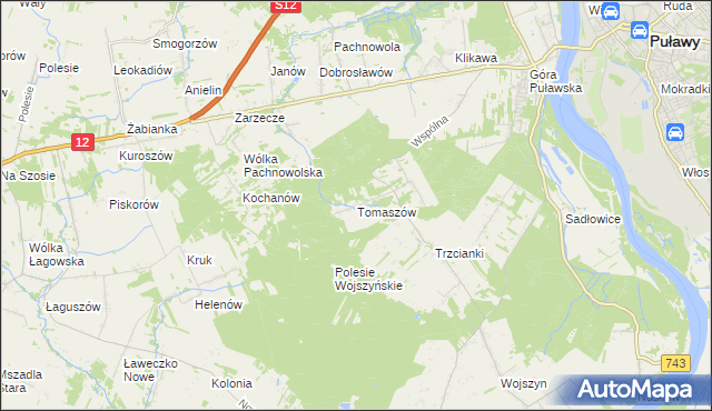 mapa Tomaszów gmina Puławy, Tomaszów gmina Puławy na mapie Targeo