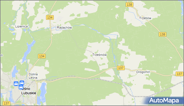 mapa Trześniów gmina Ośno Lubuskie, Trześniów gmina Ośno Lubuskie na mapie Targeo