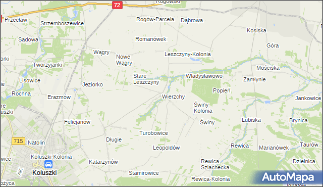 mapa Wierzchy gmina Koluszki, Wierzchy gmina Koluszki na mapie Targeo