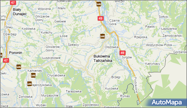 mapa Bukowina Tatrzańska, Bukowina Tatrzańska na mapie Targeo