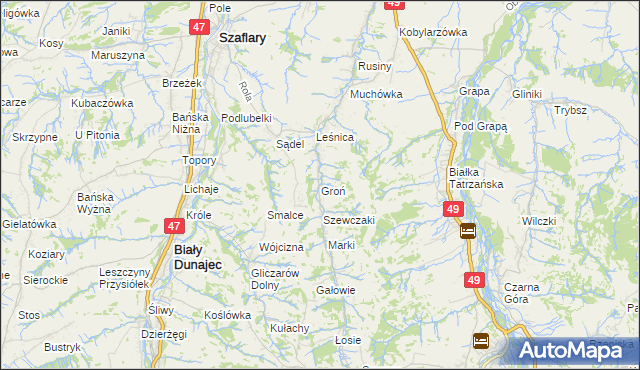mapa Groń gmina Bukowina Tatrzańska, Groń gmina Bukowina Tatrzańska na mapie Targeo
