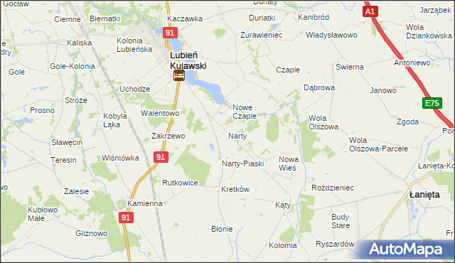 mapa Narty gmina Lubień Kujawski, Narty gmina Lubień Kujawski na mapie Targeo