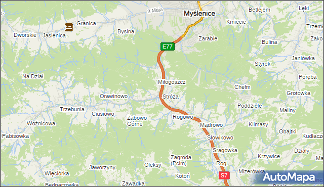 mapa Stróża gmina Pcim, Stróża gmina Pcim na mapie Targeo