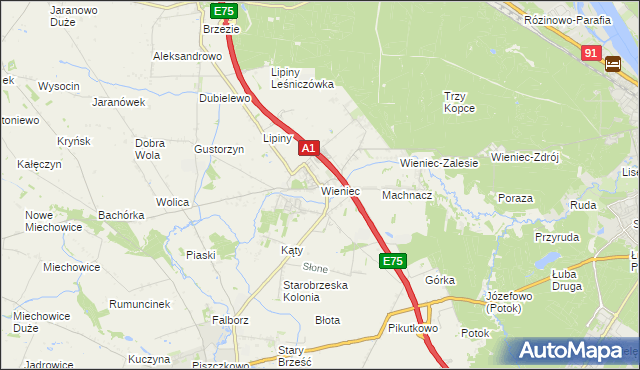 mapa Wieniec gmina Brześć Kujawski, Wieniec gmina Brześć Kujawski na mapie Targeo