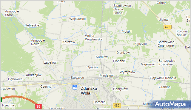 mapa Karolew gmina Zduńska Wola, Karolew gmina Zduńska Wola na mapie Targeo