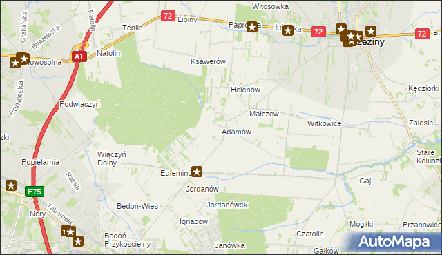 mapa Adamów gmina Brzeziny, Adamów gmina Brzeziny na mapie Targeo