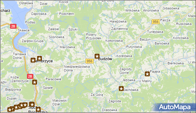 mapa Budzów powiat suski, Budzów powiat suski na mapie Targeo