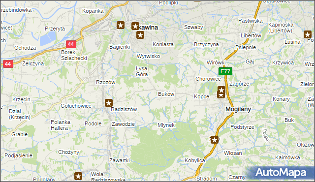 mapa Buków gmina Mogilany, Buków gmina Mogilany na mapie Targeo