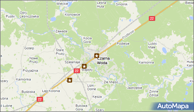 mapa Czarna Woda powiat starogardzki, Czarna Woda powiat starogardzki na mapie Targeo