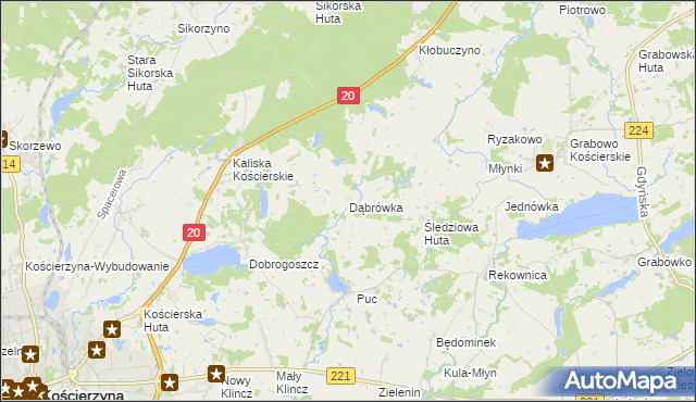 mapa Dąbrówka gmina Kościerzyna, Dąbrówka gmina Kościerzyna na mapie Targeo