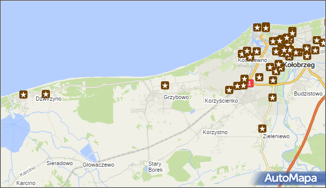 mapa Grzybowo gmina Kołobrzeg, Grzybowo gmina Kołobrzeg na mapie Targeo