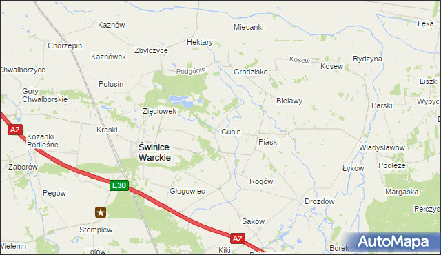 mapa Gusin gmina Świnice Warckie, Gusin gmina Świnice Warckie na mapie Targeo