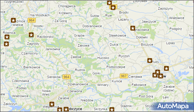 mapa Hucisko gmina Gdów, Hucisko gmina Gdów na mapie Targeo