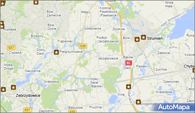 mapa Jarząbkowice gmina Pawłowice, Jarząbkowice gmina Pawłowice na mapie Targeo