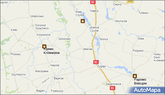 mapa Jeleniec gmina Papowo Biskupie, Jeleniec gmina Papowo Biskupie na mapie Targeo