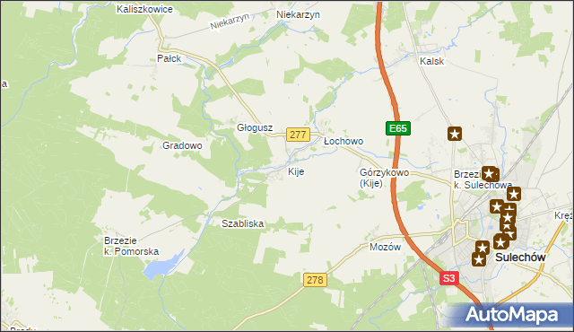 mapa Kije gmina Sulechów, Kije gmina Sulechów na mapie Targeo