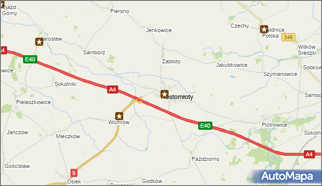 mapa Kostomłoty powiat średzki, Kostomłoty powiat średzki na mapie Targeo