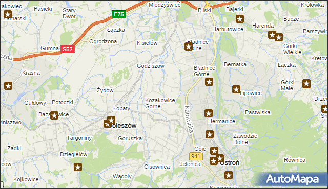 mapa Kozakowice Dolne, Kozakowice Dolne na mapie Targeo