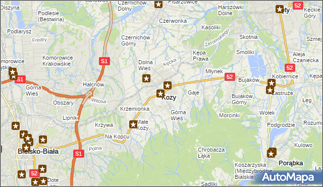 mapa Kozy powiat bielski, Kozy powiat bielski na mapie Targeo