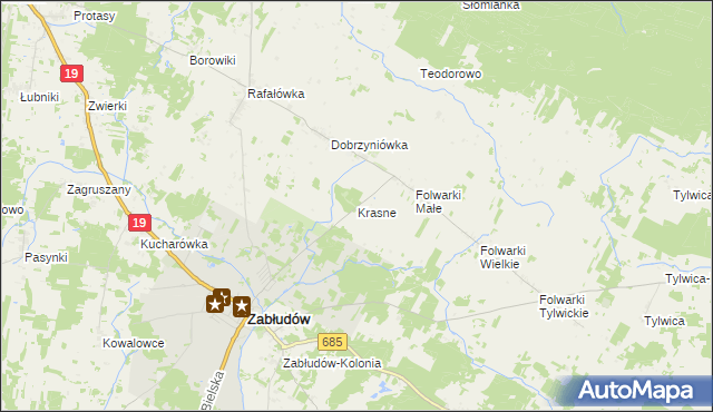 mapa Krasne gmina Zabłudów, Krasne gmina Zabłudów na mapie Targeo