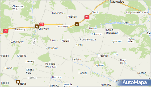 mapa Krzaki gmina Słupia, Krzaki gmina Słupia na mapie Targeo