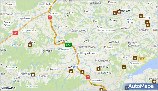 mapa Krzyszkowice gmina Myślenice, Krzyszkowice gmina Myślenice na mapie Targeo
