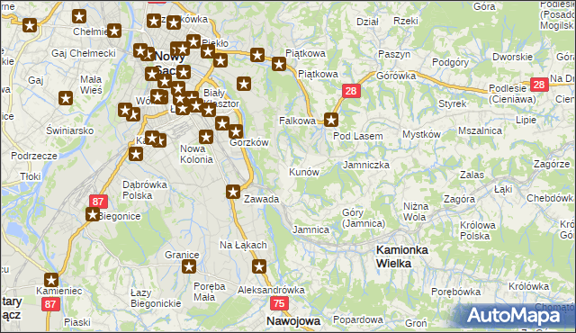 mapa Kunów gmina Chełmiec, Kunów gmina Chełmiec na mapie Targeo